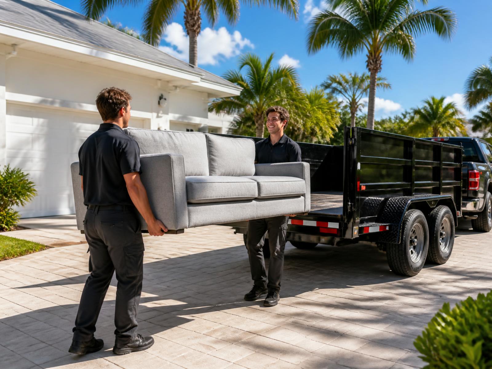 Take Out crew loading a couch into a clean black trailer at a Palm Beach County home